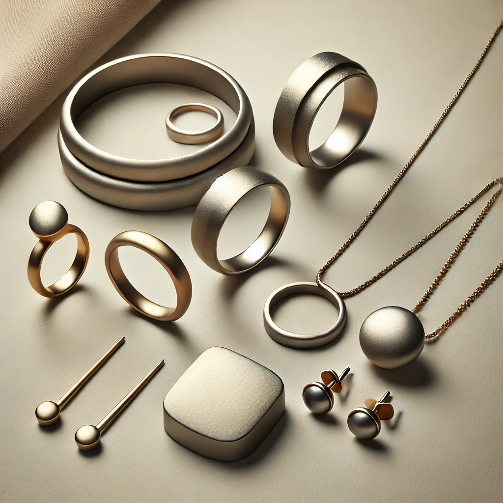 Here is an image showing a collection of jewellery pieces with a matte finish, including rings, necklaces, and earrings. The matte texture is clearly visible on the silver and gold surfaces, giving the pieces a sophisticated and understated look.